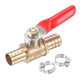 sourcing map Brass Air Ball Valve Shut Off Switch 10mm Hose Barb to 10mm Hose Barb with Clamps Red Handle