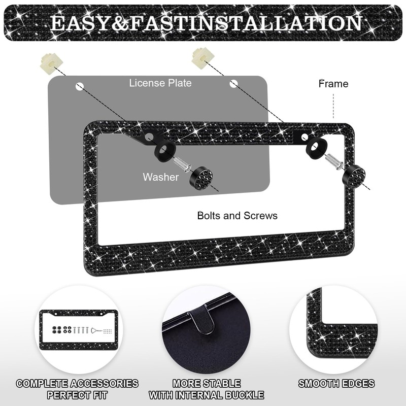 2 Pack Bling License Plate Frames, Sparkly Rhinestone Diamond Car