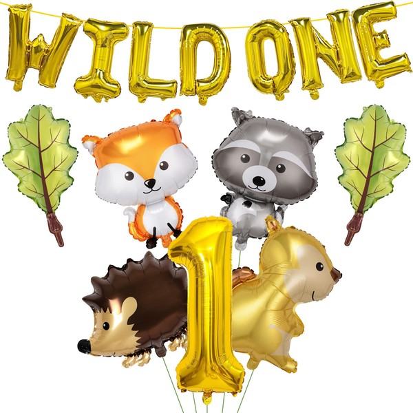 14Pcs Woodland Animal Balloons Forest Animals Foil Mylar Balloons, Wild One Balloons Birthday Party Decorations for Jungle Safari Animals Theme 1st Birthday Party Supplies