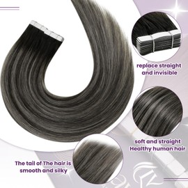 LaaVoo Tape in Hair Extensions Human Hair Black Ombre Natural Black to Silver Grey Tape in Extensions for Women Balayage Seamless Ombre Tape in Human Hair Extensions SIlky Straight 22Inch 20pcs 50g