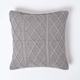 Homescapes Knitted Cushion Cover for Sofa Cushion with Diamond Pattern, Grey, Decorative Cushion Cover 45 x 45 cm, 100% Cotton for Sofa Cushion / Decorative Cushion