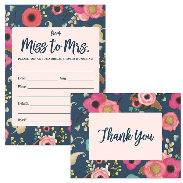 Bridal Shower Invitations & Matching Thank You Cards (25 of Each) Miss-to-Mrs Set with Envelopes Wedding Party Attendants Fill-in-Style Guest Invites & Folded Thank You Notes Excellent Value Pair