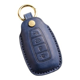 Hontumax Premium Matte-Finish Leather 4-Button Key Fob Cover Case for Hyundai Elantra Palisade Kona Santa Fe Tucson Venue Veloster (Blue)