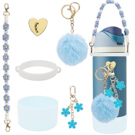 6Pcs Cup Accessories Set for Owala Water Bottle 40oz, 1Pcs Water Bottle Handle Strap, 1Pcs Siliocne Cup Boot, 3Pcs Charms for Owala Kids, Owala Coffee Tumbler, Owala FreeSip-Blue