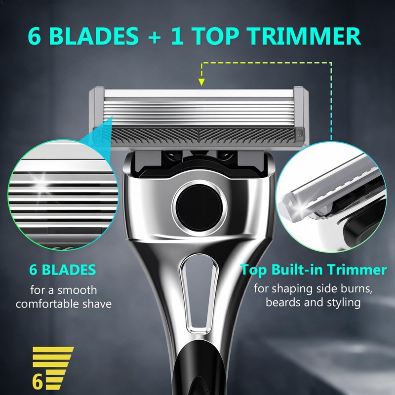 Men's Razor 6-Blade + TOP Trimmer, 1 Handle + 2