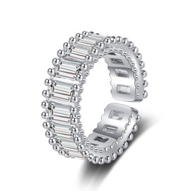 CUSIOALQQ 925 Sterling Silver Created-Gemstone Eternity Ring for Women Rainbow Square Baguette Zircon Engagement Open Ring Colorful Cubic Zirconia Statement Crystal Ring Jewelry Gift White
