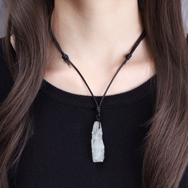 COAI Leather Necklace for Women & Men: Green Quartz Crystal Pendant, 15-36.7" Adjustable Leather Cord