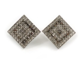 Clear/Dark Grey Crystal Square Clip-On Earrings in Silver Tone - 18mm Tall