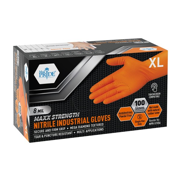MED PRIDE Maxx Strength Nitrile Industrial Gloves, 8 Mil Thick [100 Gloves/X-Large] - Diamond Texture Disposable Safety- Heavy-Duty, Tear-Resistant Mechanic Automotive Food Handling Gloves- Orange