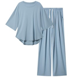 difficort Womens 2 Piece Outfits Short Sleeve Lounge Sets Wide Leg Workout Sets Lounge with Pockets,Haze Blue,Medium