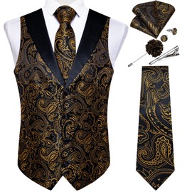 DiBanGu Mens Paisley Suit Vest Silk Jacquard Waistcoat and Necktie Set Formal Shawl Collar Dress Vest 7PCS for Wedding Party, Black and Gold, XX-Large