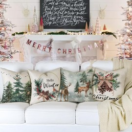 Christmas Pillow Covers 20x20 Set of 4 Farmhouse Christmas Decorations Christmas Pillows Linen Decorative Pillow Covers for Christmas Decor Indoor Home Decor