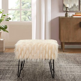 Home Soft Things Feathery Faux Fur Ottoman 19'' x 13'' x 17'' Ivory Soft Fluffy Sturdy Foot Rest Ottoman Stool for Bedroom Living Room Makeup Entryway Bench Home Décor