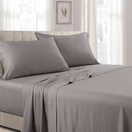 Royal Hotel Bedding Low Profile Sheets Made in USA - 250-Thread-Count 4pc King Bed Sheet Set 100% Cotton, Sateen Solid, Low Profile Fitted Sheet, King Gray Sheet Set