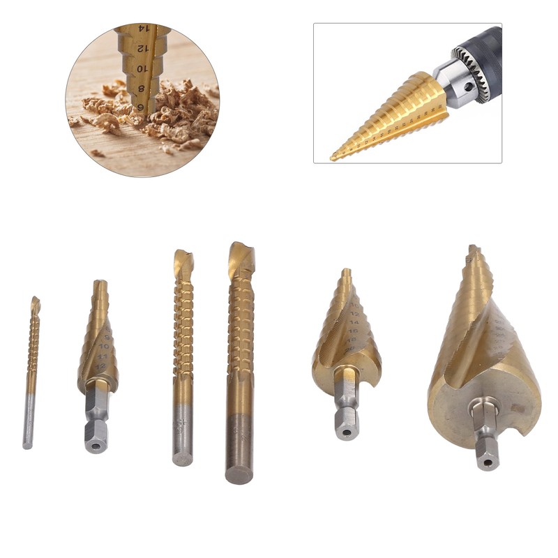 6Pcs/Set Spiral Grooved Step Drill Bit Hex Shank Stepped Drills