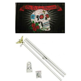 Moon Knives 3x5 Dia De Los Muertos Day of the Dead Flag White Pole Kit Set - Party Decorations Supplies For Parades - Prime Outside, Garden, Men Cave Decor Flag