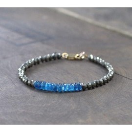 neon blue apatite,pyrite 4mm rondelle shape faceted cut gemstone beads 7 inch stacking bracelet with 925 sterling silver - silver plated lock gemstone clasp bracelet - link chian bracelet for unisex
