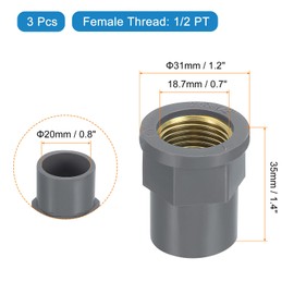 uxcell 3 Pcs PVC Pipe Fittings, 20mm 1/2 PT Female Brass Threaded Pipe Coupling Pipe Fitting Hose Adapter Connector for Home Sewer Plumbing Irrigation, Grey