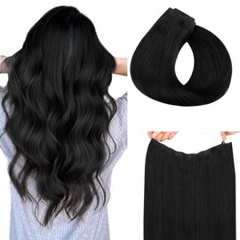 HOTBANANA Wire Hair Extensions, 20 inch 110g Jet Black Fish Line Hair Extensions Real Human Hair Straight Invisible Wire Hair Extensions Remy Hair Extensions