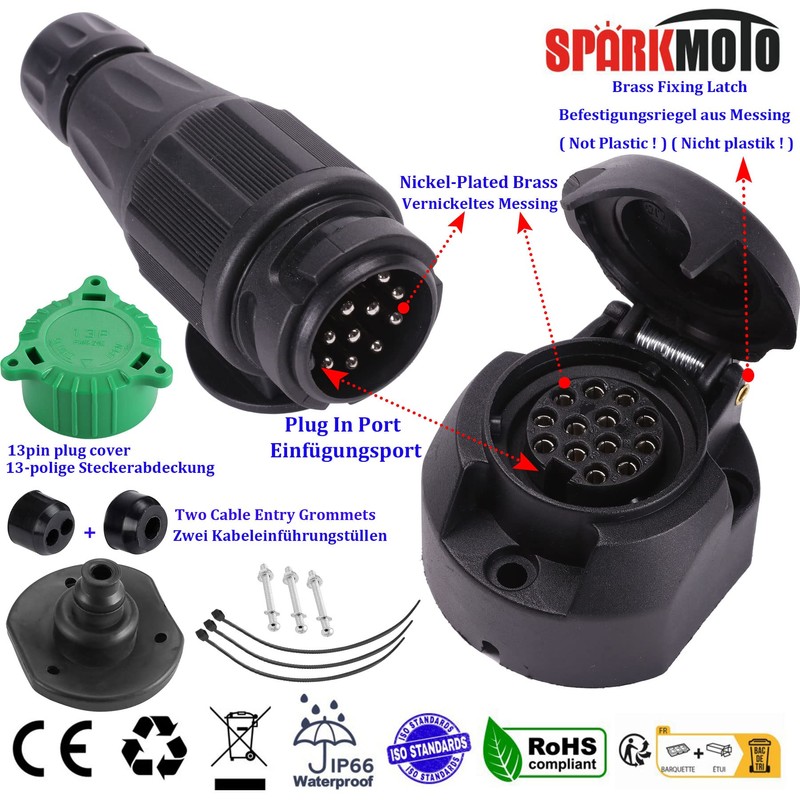 SPARKMOTO 13 Pin Trailer Plug and 13 Pin Trailer Socket,12V