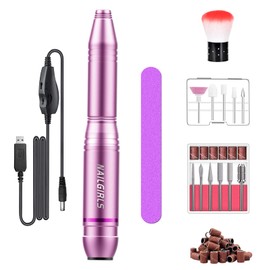 NAILGIRLS Electric Nail Machine, 11 Bits, Nail Machine, Bits, Gel Nails, Off Kit, Nail Care, Nail Polishing, Cuticle Treatment, Cuticle Care, Forward and Reverse Rotation, Stepless Speed, USB Powered, For Home Salon (Pink)