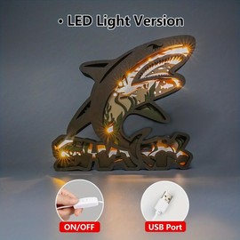 3D Wooden Animals Carving LED Night Light, Wood Carved Lamp Modern Festival Decoration Home Decor Desktop Desk Table Living Room Bedroom Office Farmhouse Shelf Statues Perfect Gifts (Shark)