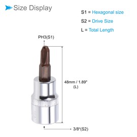 CoCud Phillips Bit Socket, PH3 Bit 3/8" Drive 1.89" Long, S2 Alloy Steel Heat Treated CR-V Socket - (Applications: for Fastener Application), 2-Pieces