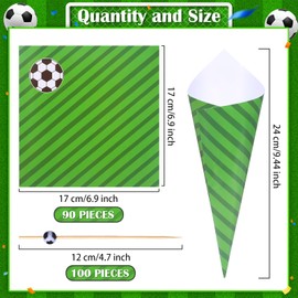 190Pcs Soccer Popcorn Cones Cups Kit, Soccer Disposable Food Cones with 100Pcs Cocktail Picks, Soccer Party Supplies Kit for Appetizer, Finger Food, Snack, Wedding Catering