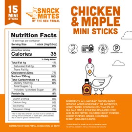 The New Primal Snack Mates Chicken & Maple Sticks, Gluten Free Healthy Snacks for Kids, Low Sugar High Protein Back to School Snacks, Mini Paleo Jerky Meat Stick, 5g Protein, 35 Calories, 15 Pack