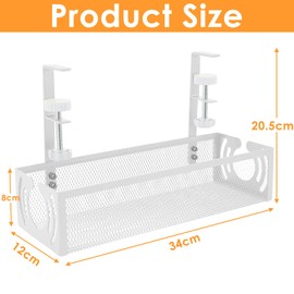 Under Desk Cable Management Tray, Metal Mesh Cable Management Under Desk No Drill, Cable Tray with Clamp Mount for Wire Management, Cord Organizer for Home Office, White