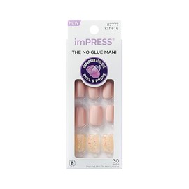 Uñas Postizas Cortas en Forma Cuadrada color Nude con glitter KISS imPRESS con Tecnología PureFit - Dorothy, Incluye 30 Uñas, Lima, Palito de Cutícula