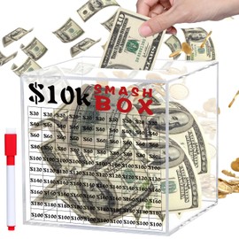 10k Smash Box for Money, Unbreakable Piggy Bank for Adults Save $10,000 Money Saving Challenge Box, Clear Acrylic Saver Box for Cash Must Break to Open (4.72 Inch)