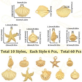 SUNNYCLUE 1 Box 60 Pieces 10 Styles Shell Charms Gold Starfish Charm Bulk Alloy Shell Summer Ocean Life Theme Sea Animals Beach Charms for Jewellery Making Charms Necklace Bracelet Earrings