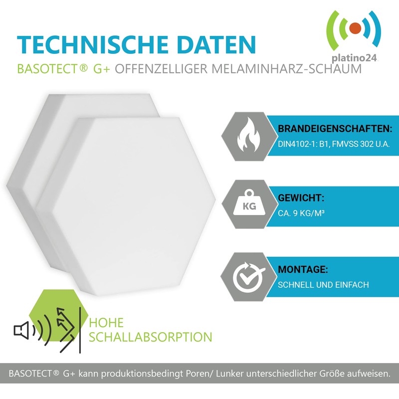 platino24 3D Sound Absorber Set, Hexagons Made From Basotect G+,