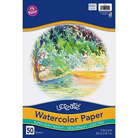 UCREATE Watercolor Paper, White, 140 lb, 12" x 18", 50 Sheets, White, Package, 140 lb.