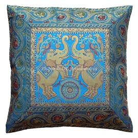 DK Homewares Brocade Ethnic Turquoise Couch Decorative Cushion Covers 16 x 16 Brocade Jacquard Elephant Floral Square Decorative Cushion Covers 40 x 40 cm Home Decor Single Piece