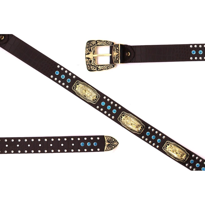 Western Belt Coffee Gold Cowboy Prayer Men Blue Stone Crocodile