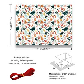 Ocean Wrapping Paper, Birthday Wrapping Paper for Boys Girls Kids with Red Ribbon, Blue Whale Red Crab Sea Horse Fishes Octopus, 4 large sheets 50x70 cm Per Sheet for Birthday, Christmas, Baby Shower