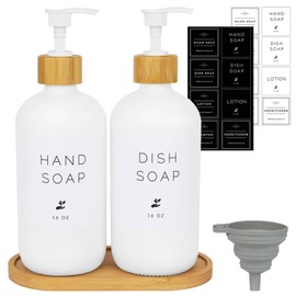 Glass Soap Dispenser with Bamboo Pumps and Tray, 2 Pack 16 Oz Dish and Hand Soap Dispensers Set for Kitchen Bathroom, Lotion Shampoo Conditioner Jar Bottle with 16 Pcs Waterproof Labels(White)