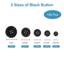 TRXSHMY 150 Pcs Premium Resin Sewing Buttons, 5 Sizes of Black Buttons, Flatback Button, 4-Hole Craft Buttons for Sewing, Suits, DIY and Decoration