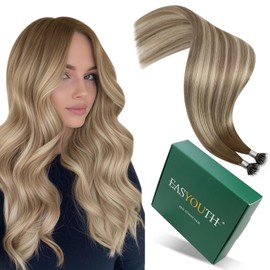 Easyouth Nano Ring Hair Extensions Ombre Nano Bead Hair Extensions Human Hair Balayage Dark Brown to Light Brown with Blonde Nano Hair Extension Human Hair Durable and Long Lasting 18 Inch 50g 50s