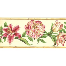 CONCORD WALLCOVERINGS ™ Retro Floral Hawaii Wallpaper Border Featuring Roses and Tropical Flowers, Colors Pink Yellow Green, Size 9 Inches by 15 Feet NG8025B