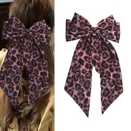 Pink Leopard Hair Accessories for Thick Curly Hair Bow Barrettes for Girls Women Long Hair Bows Oversized Hair Clips Ribbon with Long Tails Bows for Girls Women Large Leopard Bow Tie Vintage Stlye