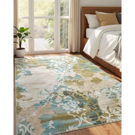 Macgace Washable Abstract Rug, 5x7 Willow Green and Blue Floral Area Rugs with Non-Slip Rubber Backed for Bedroom, Low Pile Modern Throw Carpet Kitchen Living Room Decor