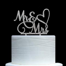 Mr and Mrs - Decoración para tarta de novia y novio, decoración para tartas de compromiso, acrílico plateado con purpurina