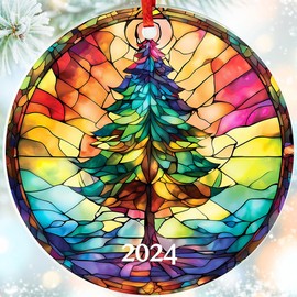 Jabihome Year Ornament 2024, Collectible Christmas Ornaments, Acrylic Christmas Tree Suncatcher Effect, Stained Glass Effect Holiday Dated Ornament Gift Exchange (Christmas Tree)
