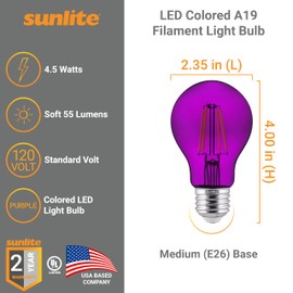 Sunlite 81081 LED Colored Filament A19 Light Bulb, 4.5 Watts, Medium E26 Base, 120 Volts, Transparent Purple, Dimmable, 320 Degree Beam Angle, UL Listed, 2 Count