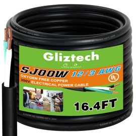 Gliztech 12/3 AWG Portable Power Cable 16.4 ft, SJOOW 300V 12 Gauge Electric Wire, 3 Conductor Extension Cord, Outdoor Extension Cord for Motors, Generators, Battery Chargers, Mechanic Lights