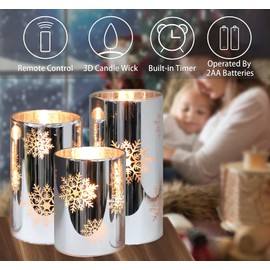 Crystal Club Christmas Flameless Candles with Remote, Set of 3, Snowflake Plating Battery Operated LED Candles, Glass Effect Pillar Candle Flickering with Remote for Home Decor