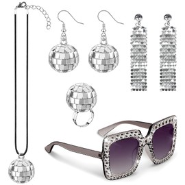 CIYIN Pack of 5 1970s Disco Accessories, Disco Fancy Dress with Disco Necklace, Disco Earrings, Disco Sunglasses, Disco Ball Ring, for Party Carnival 70s 80s Costume Accessories for Women, Polyester,